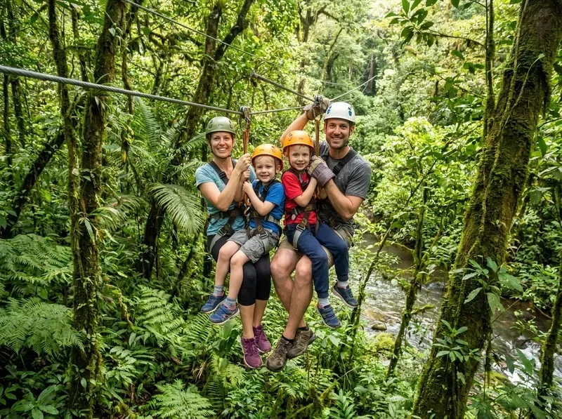 Family ziplining adventure in Costa Rican rainforest
