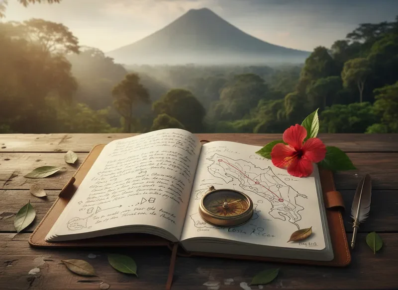 Travel notebook with Costa Rica route plans and tropical landscape