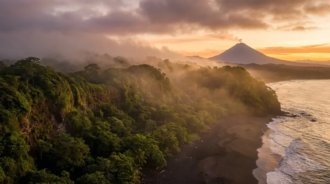 Costa Rica coastline with jungle, volcanic mist and Caribbean light