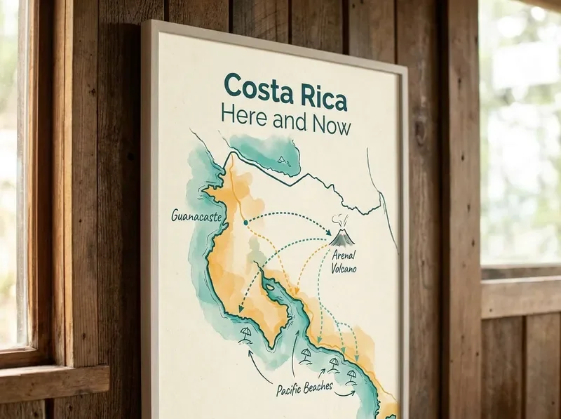 Map sketch of 5-day Costa Rica itinerary routes