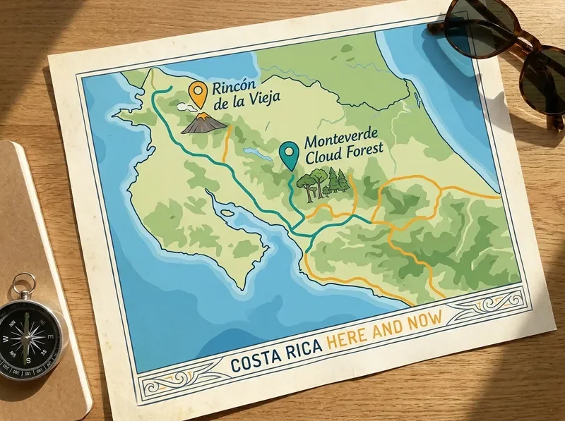 Map sketch of 7-day Costa Rica itinerary routes