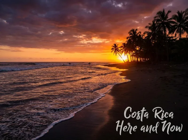 Sunset over the Pacific coast of Costa Rica with surfers and palm trees