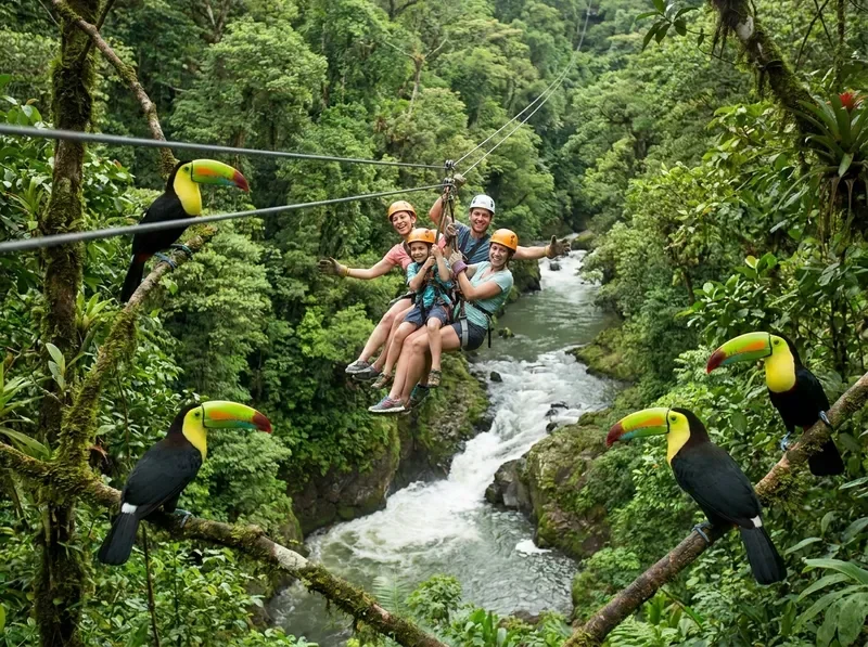 Family ziplining through Costa Rican rainforest canopy