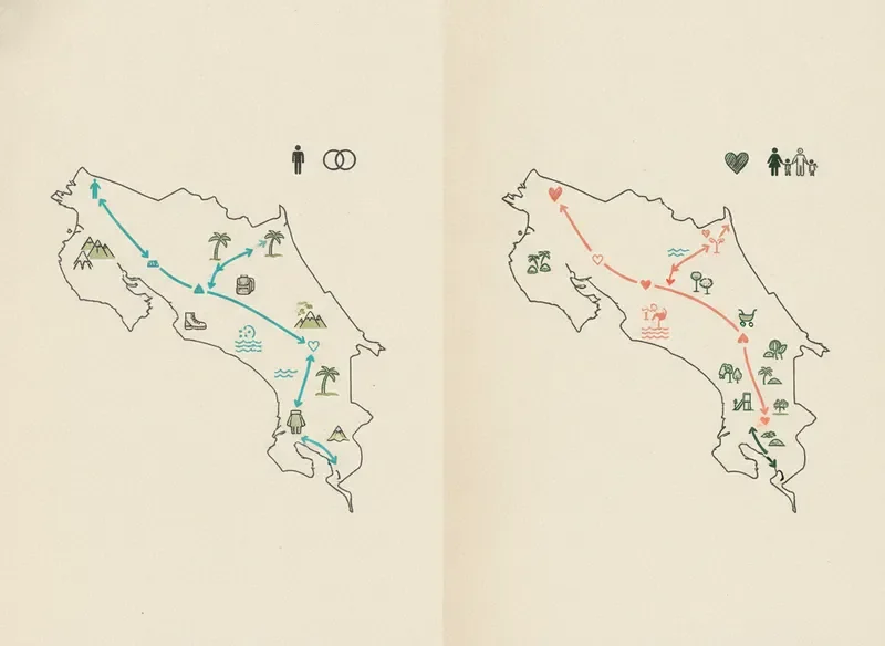 Illustrated Costa Rica route map showing solo, couples, and family adventure paths