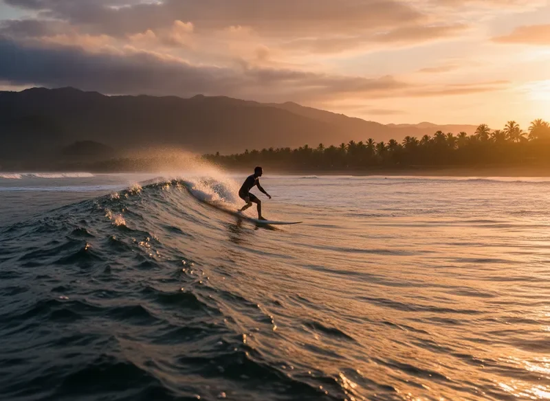 Surfing at sunrise along Costa Rica's Pacific coast