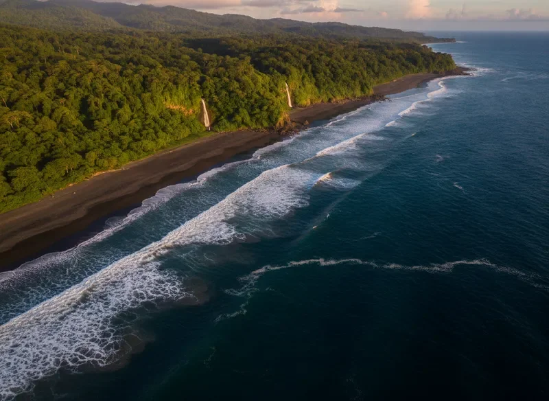 Black-sand Pacific beach with dramatic cliffs and golden light