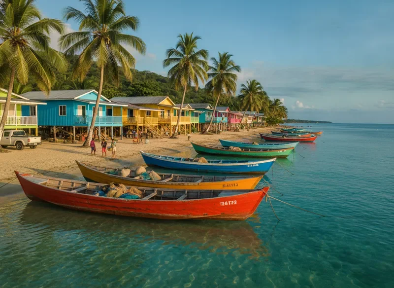 Vibrant Caribbean village with colorful houses and turquoise water