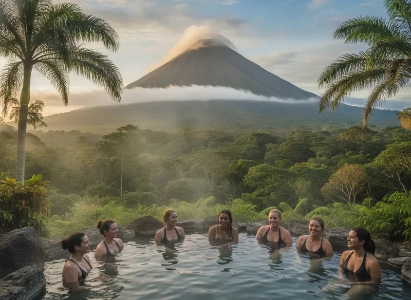 Arenal Volcano rising above misty rainforest canopy