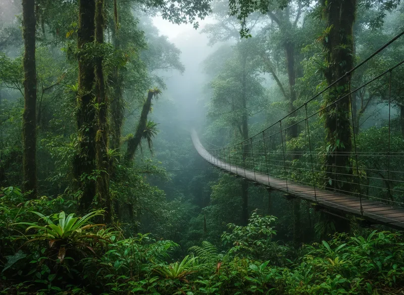 Suspension bridges through misty Monteverde cloud forest canopy