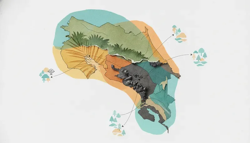 Map collage of Costa Rica regions and routes