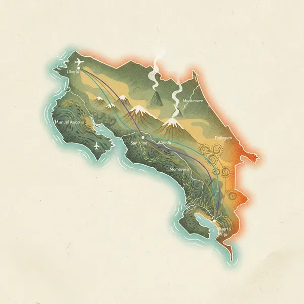 Illustrated map of Costa Rica showing major regions and route connections from SJO and Liberia airports