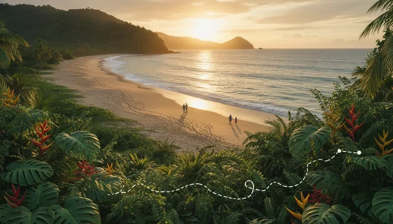 Golden hour over a lush Costa Rican coastline with a sketched travel route overlay