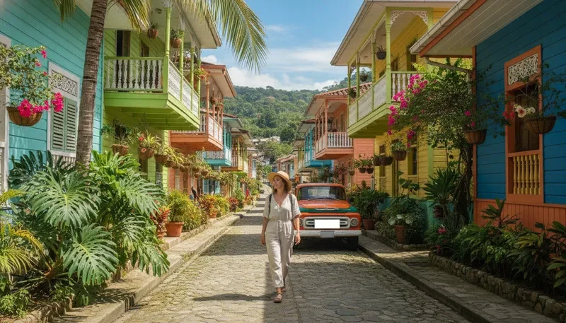Solo traveler exploring a Caribbean village