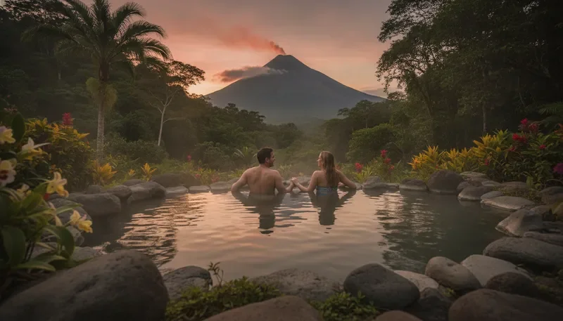 Couple enjoying Arenal Volcano sunset