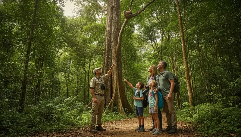 Family spotting a sloth on a nature trail