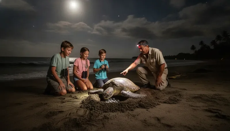 Family watching sea turtles in Tortuguero
