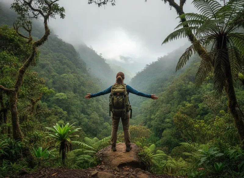 Solo explorer hiking through Monteverde cloud forest