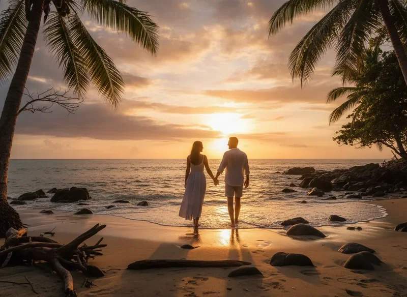 Couple watching sunset on a Costa Rican beach