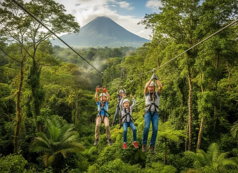 Family ziplining through the Arenal jungle canopy